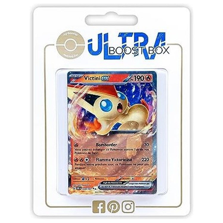 Coffret Ultraboost contenant la carte Victini ex Flammes Obsidiennes et 9 autres cartes Pokémon françaises neuves et certifiées officielles.