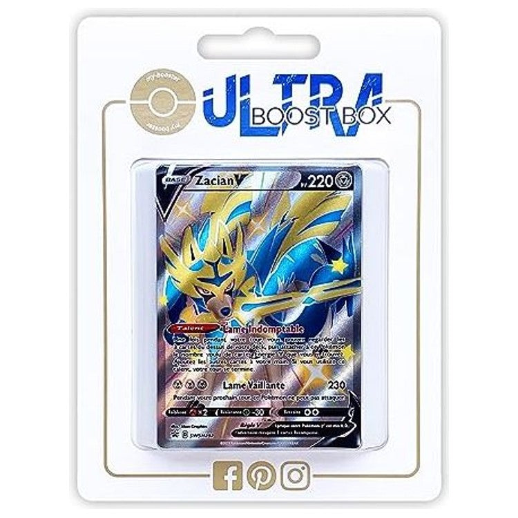 Coffret Ultraboost Zacian V SWSH12.5 regroupant la carte promo Full Art Zacian V SWSH292 et 9 autres cartes Pokemon francaises neuves et originales.