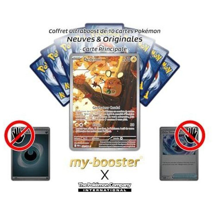 Carte Dedenne au centre d’une présentation avec plusieurs dos de cartes Pokémon disposés en éventail.