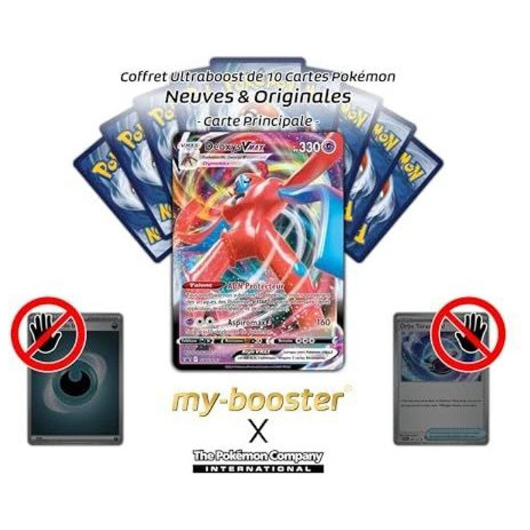 Deoxys VMAX devant neuf cartes Pokémon, avec des symboles excluant les cartes Dresseur et Énergie.