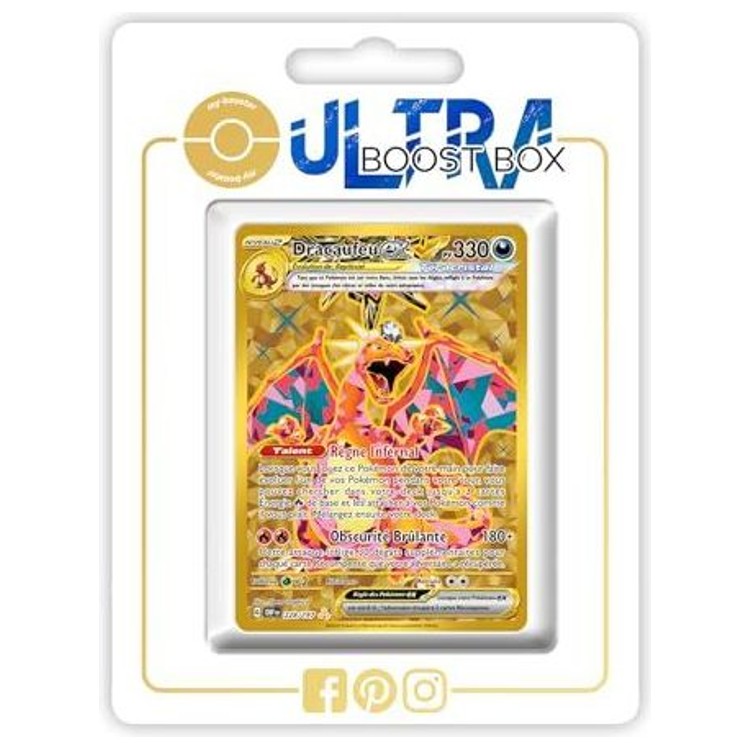 Carte Pokémon Dracaufeu ex 228/197 Secrète Gold Téracristal de l’extension Flammes Obsidiennes EV03, vue de face en gros plan.
