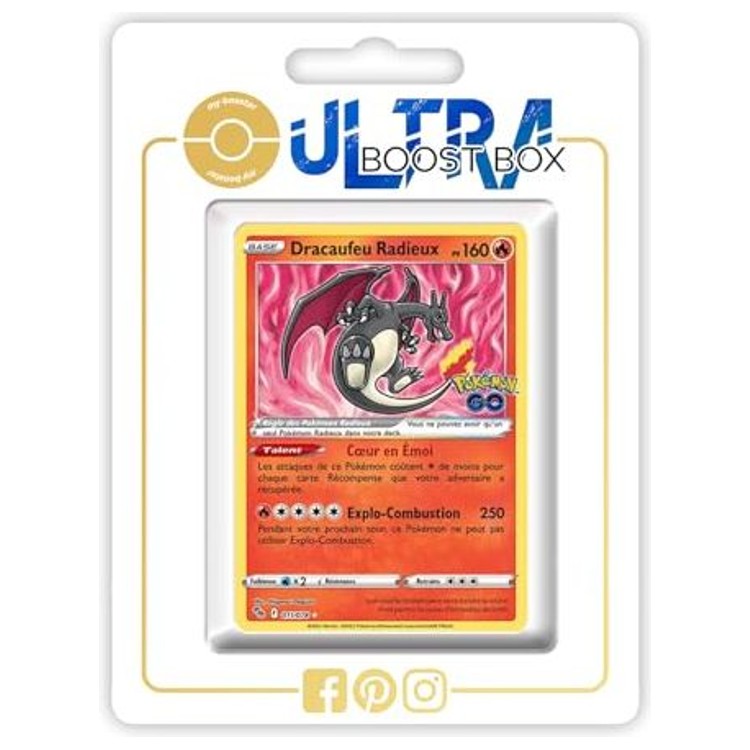 Carte Pokémon Dracaufeu Radieux 011/078 en français, version ultra rare radieuse de l’extension Pokémon GO Épée et Bouclier 10.5, vue de face détaillée