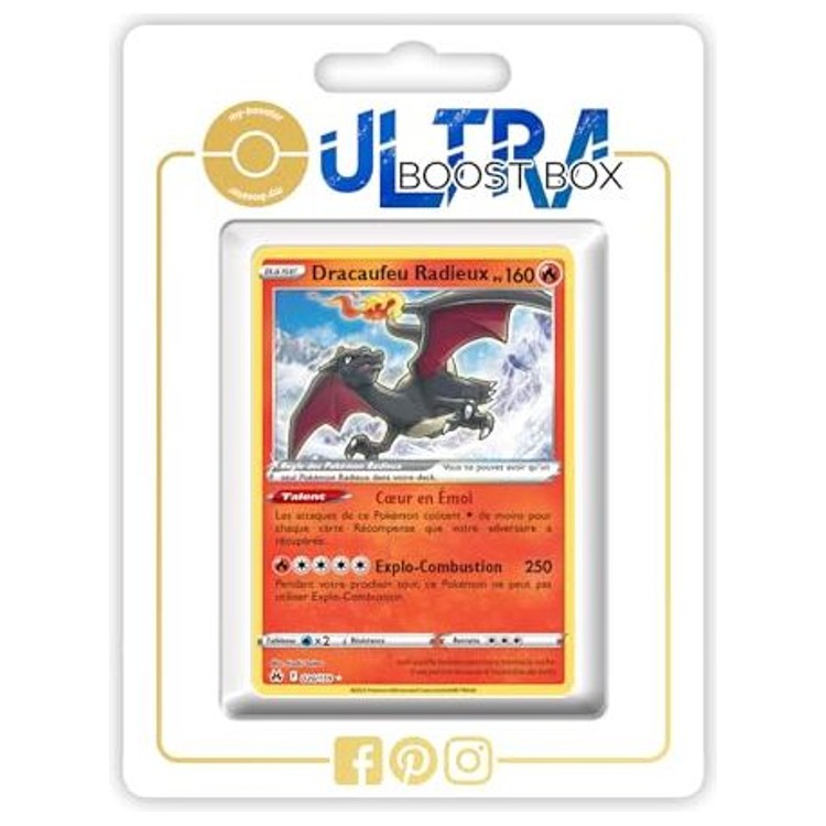 Carte Pokémon Dracaufeu Radieux 020/159 Ultra Rare de l’extension Zénith Suprême Épée et Bouclier 12.5, vue de face avec l’illustration brillante