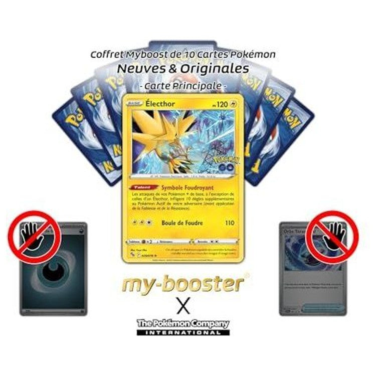 Carte Électhor devant plusieurs cartes Pokémon retournées, sur un visuel présentant un ensemble de dix cartes.