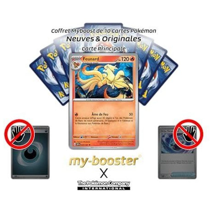 Carte Feunard présentée devant plusieurs cartes Pokémon, avec des symboles d’exclusion sous l’ensemble.