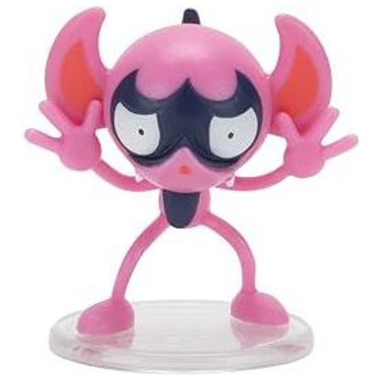 Figurine Grimalin seule, rose et noire, bras écartés, posée sur son socle transparent