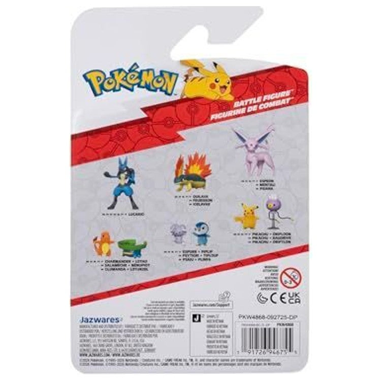 Dos de la carte blister Pokémon Battle Figure Jazwares, avec l'assortiment de la gamme