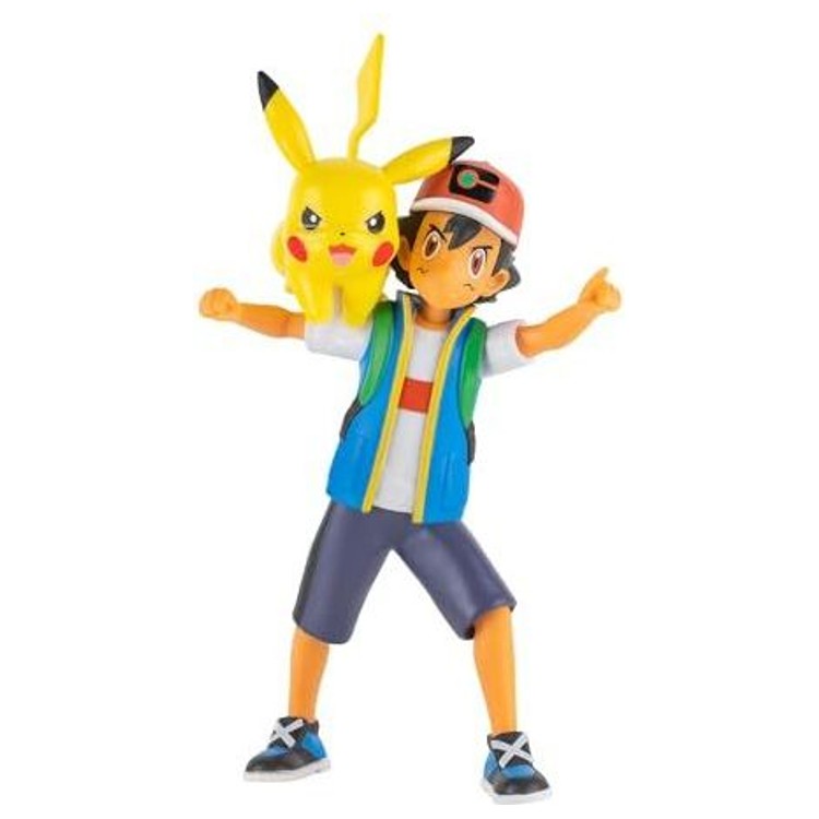 Figurines de Sacha bras écartés et de Pikachu posé sur son épaule, vues de face