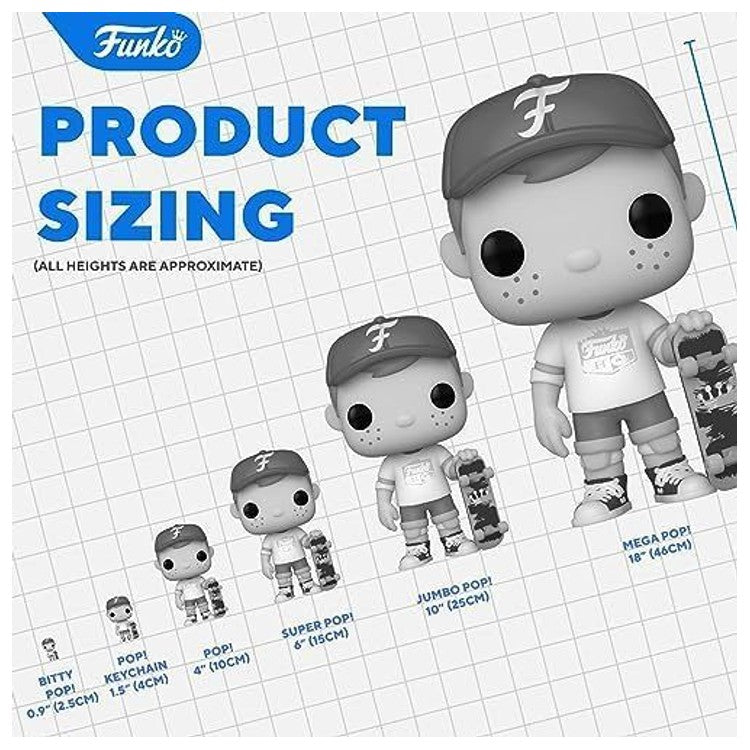 Visuel de marque Funko : tableau des tailles, du Bitty POP au Mega POP