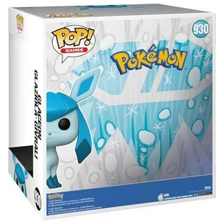 Grande boîte cubique Funko Pop! Jumbo n°930, décor de glace et logo Pokémon, Givrali derrière la vitrine