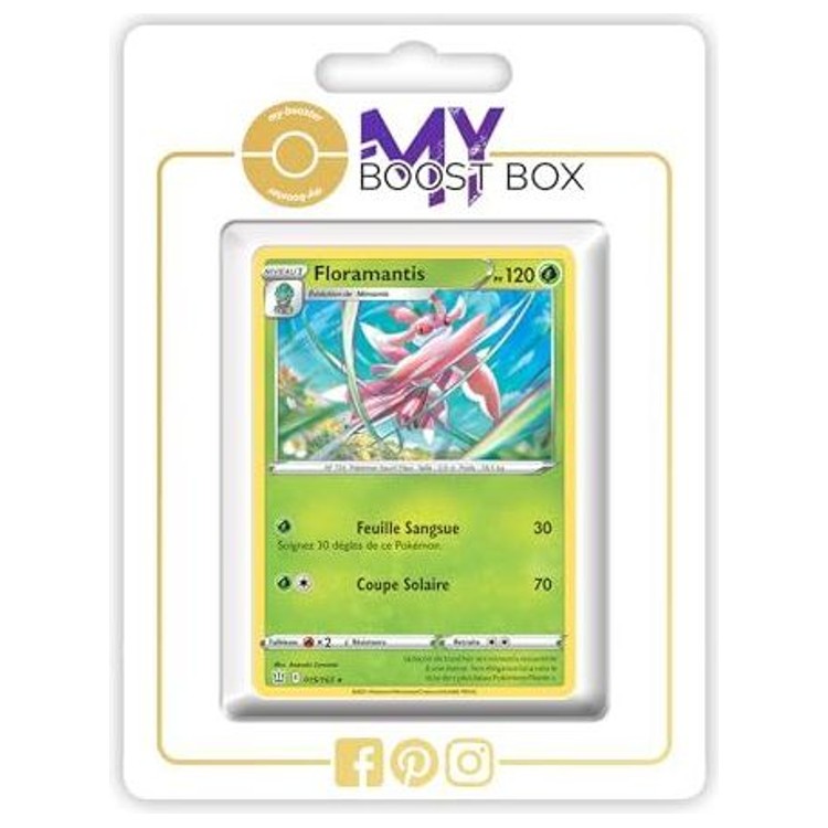 Carte Floramantis visible dans une présentation cartonnée blanche, avec le Pokémon au centre de son illustration.
