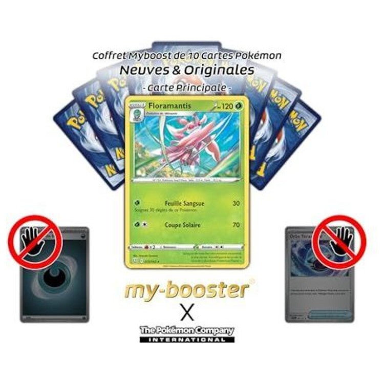Floramantis est présenté devant plusieurs cartes Pokémon, avec des visuels de cartes Énergie et Dresseur barrés.