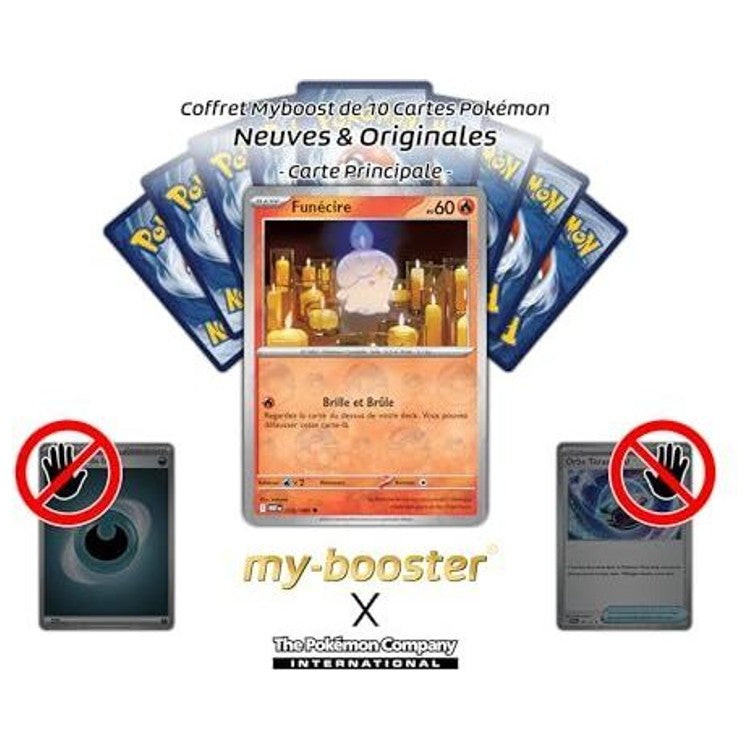 Funécire est présenté devant plusieurs dos de cartes Pokémon, avec des visuels de cartes barrés en bas de l’image.