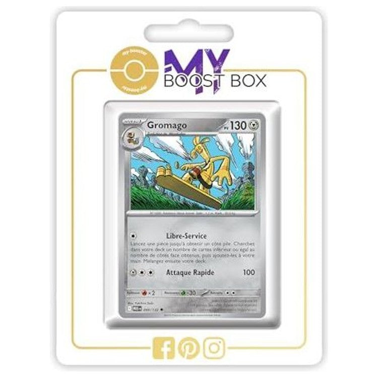 Carte Gromago visible dans une boîte blanche my-boost, avec son illustration et ses attaques apparentes.