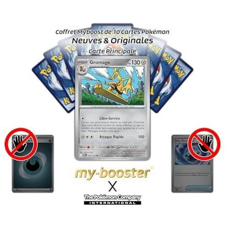 Carte Gromago présentée devant plusieurs dos de cartes Pokémon, avec des symboles d’exclusion en bas de l’image.