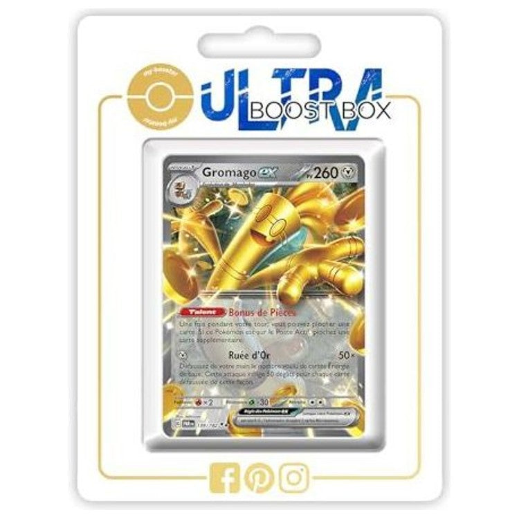 Packaging blanc My Booster Box présentant la carte Gromago ex dans une fenêtre transparente.