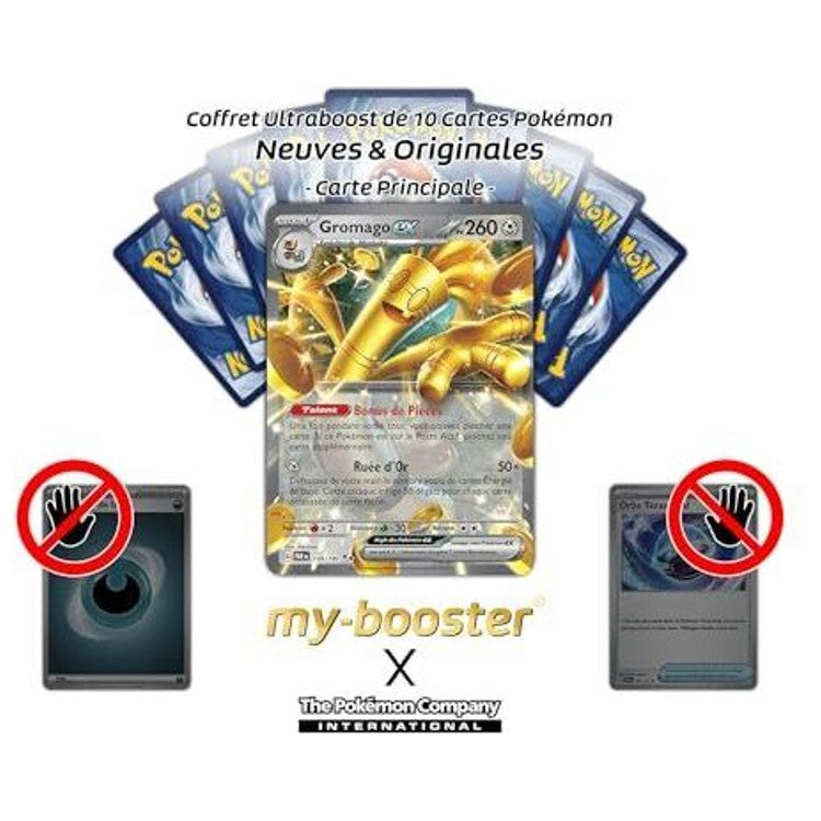 Présentation du coffret Gromago ex avec la carte principale et neuf cartes Pokémon supplémentaires.