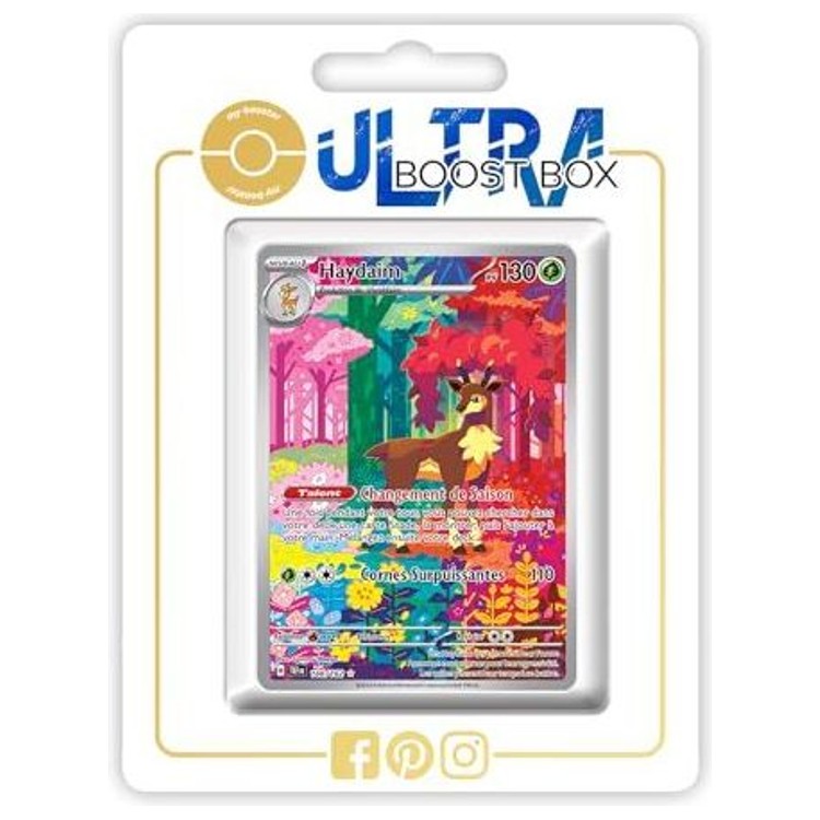 Carte Haydaim aux couleurs vives, présentée dans un support blanc marqué Ultra Boost Box.