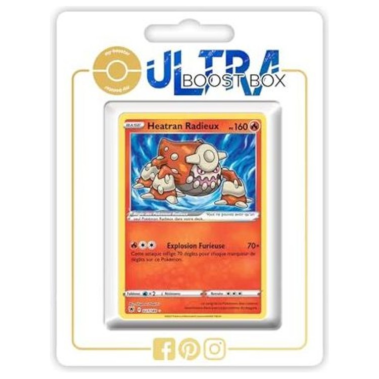 Heatran Radieux présenté dans un support blanc, avec son illustration et son attaque visibles sur la carte.