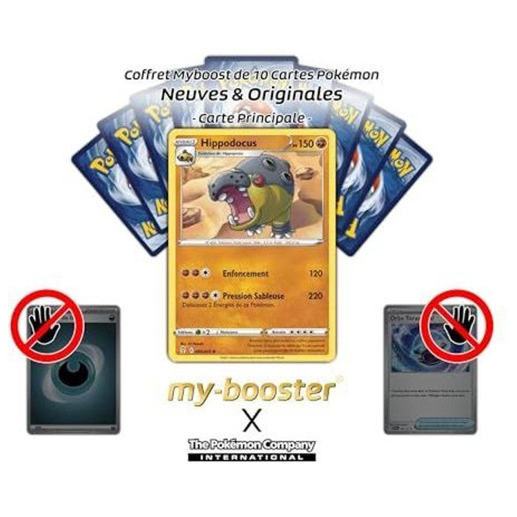 Carte Hippodocus au centre d’un visuel montrant plusieurs cartes Pokémon disposées en éventail derrière elle.
