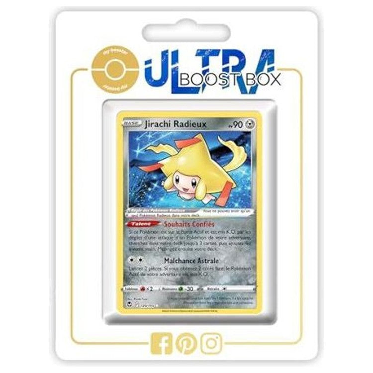 Carte Pokémon Jirachi Radieux 120/195 en français, version Radieuse de l’extension Tempête Argentée du bloc Épée et Bouclier, vue de face détaillée.