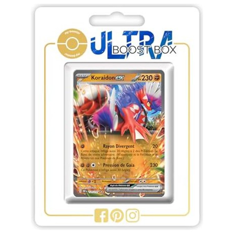 Carte Pokémon Koraidon ex 124/197 ultra rare de l’extension Flammes Obsidiennes EV03, vue de face avec l’illustration complète du Pokémon Paradoxe.