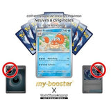 Carte Krabboss présentée devant plusieurs dos de cartes Pokémon, avec deux cartes barrées en bas.