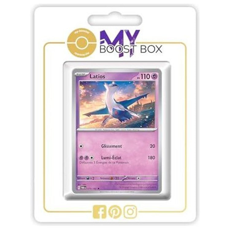 Carte Latios visible dans un emballage blanc My Boost Box, avec son illustration et ses attaques affichées.