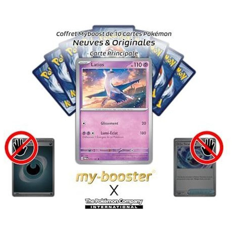Carte Latios au centre d’une présentation avec plusieurs dos de cartes Pokémon et des symboles d’exclusion.