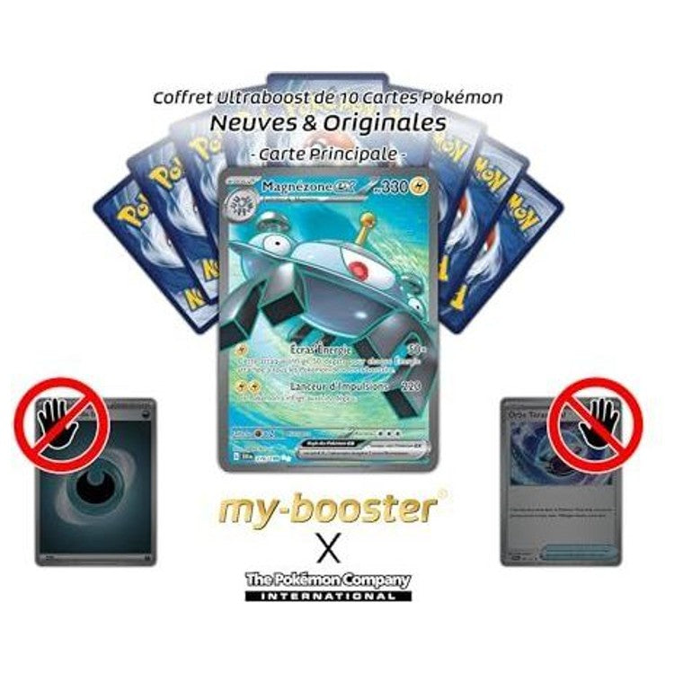 Coffret de 10 cartes Pokémon avec Magnézone ex au centre et neuf cartes disposées en éventail derrière elle.