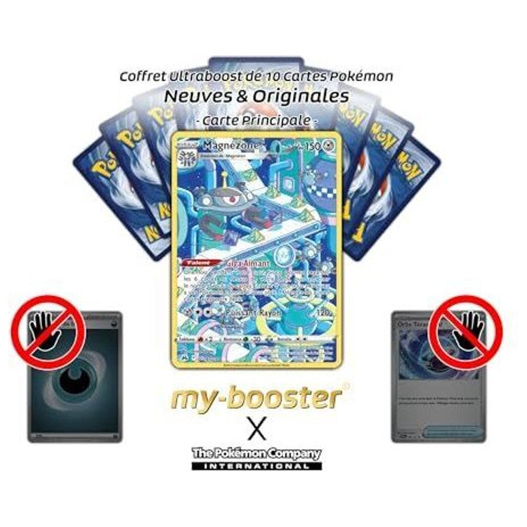 Magnézone GG18/GG70 devant neuf cartes Pokémon retournées, avec symboles excluant Dresseur et Énergie.
