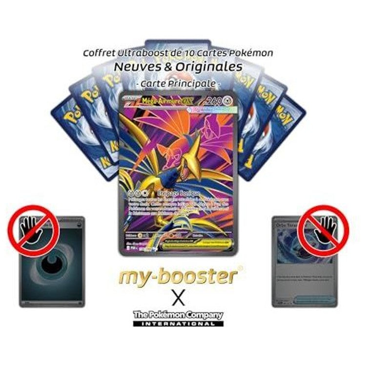 Visuel du coffret Méga-Airmure ex avec la carte principale et neuf cartes Pokémon disposées en éventail.