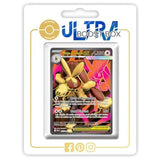 Carte Pokémon Méga-Lockpin ex 115/094 Full Art Secrète Flammes Fantasmagoriques recto, mise en avant dans le coffret Myboost avec illustration détaillée