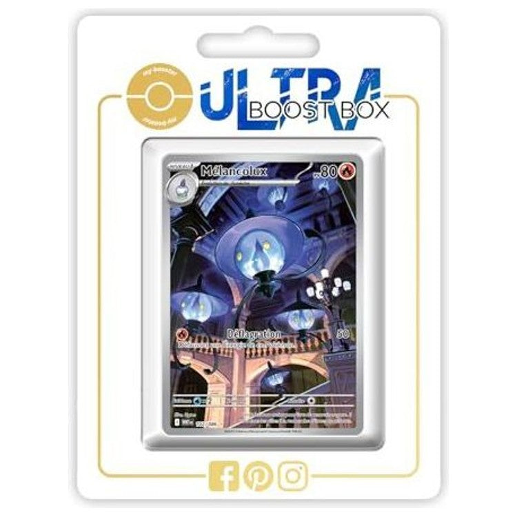 Carte Mélancolux visible dans la fenêtre d’un emballage blanc, sous un logo bleu et doré.