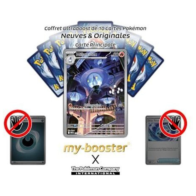 Carte Mélancolux présentée devant plusieurs dos de cartes Pokémon, avec deux cartes barrées en bas de l’image.