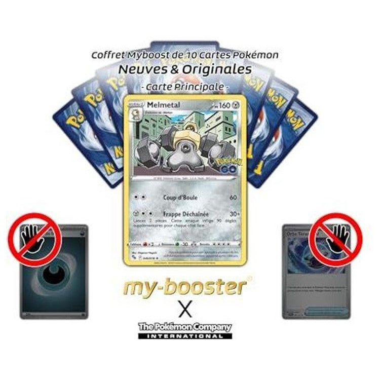 Carte Melmetal au centre d’un visuel montrant plusieurs dos de cartes Pokémon et deux cartes barrées.