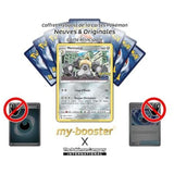 Carte Melmetal au centre d’un visuel montrant plusieurs dos de cartes Pokémon et deux cartes barrées.