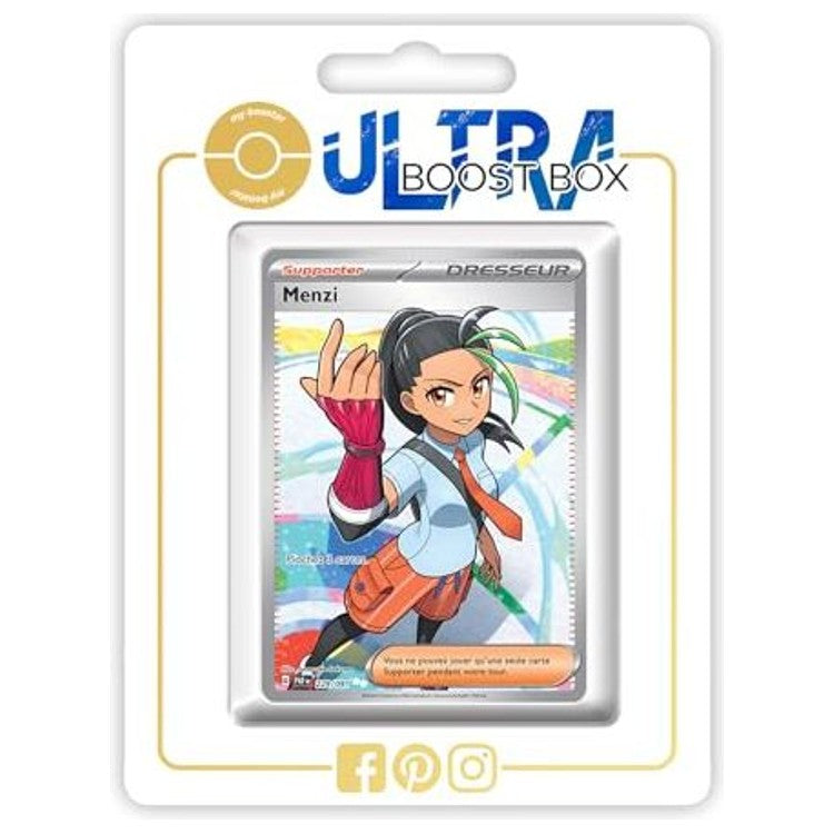 Carte Pokémon Dresseur Menzi 229/091 Full Art Secrète Destinées de Paldea EV4.5 en français, vue de face avec illustration complète brillante.