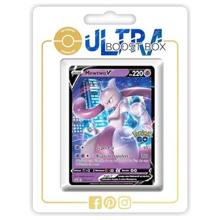 Carte Pokémon Mewtwo V SWSH223 promo du set spécial Pokémon GO, vue de face en édition française du bloc Épée et Bouclier.