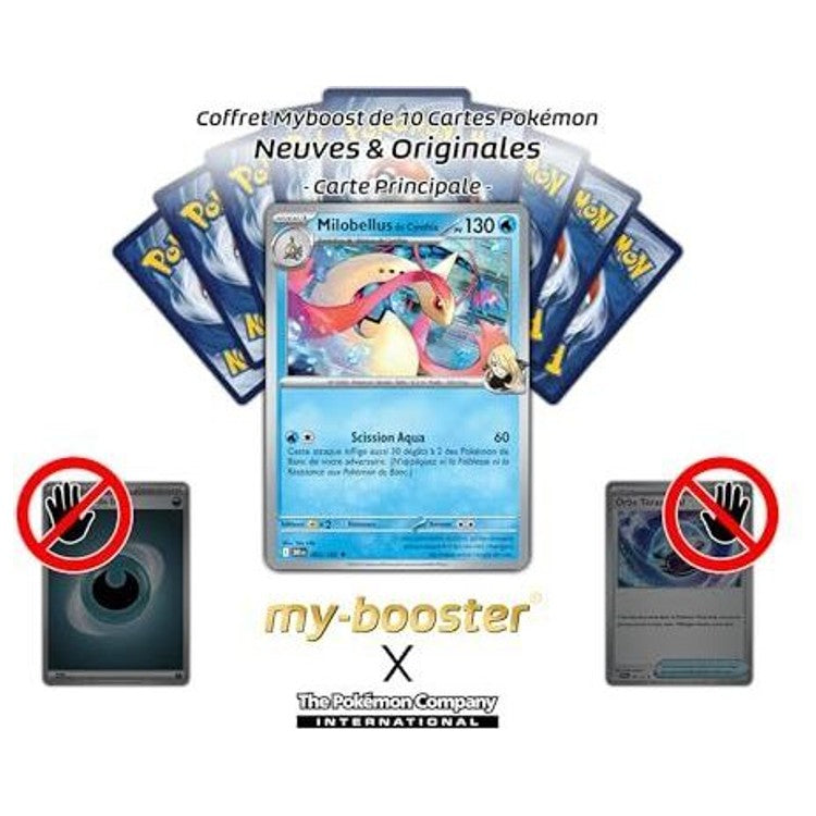Carte Milobellus de Cynthia au centre d’un visuel avec plusieurs dos de cartes Pokémon en éventail.