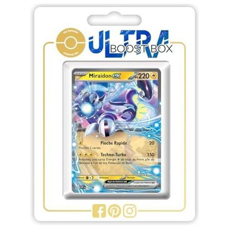 Carte Pokémon Miraidon ex SV143 Ultra Rare de l’extension Mascarade Crépusculaire Écarlate et Violet 06, vue de face avec l’illustration complète.