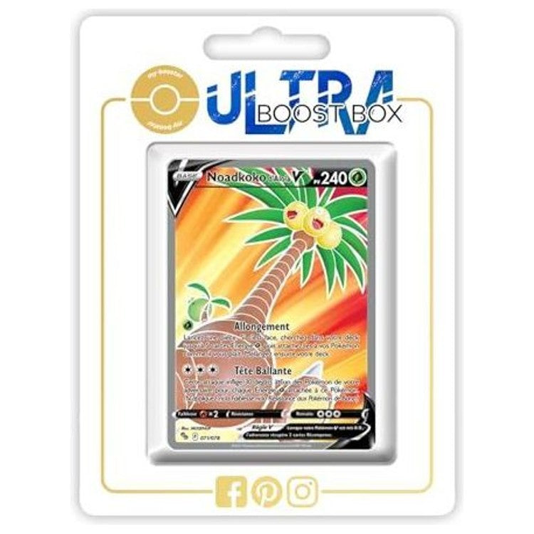 Carte Noadkoko d'Alola V visible à travers la fenêtre d'un emballage blanc marqué ULTRA BOOST BOX.