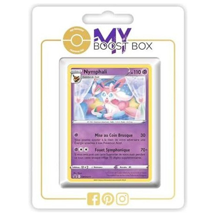 Carte Pokémon Nymphali SWSH211 Holo promo en français, recto, issue du bloc Épée et Bouclier Astres Radieux dans un coffret Myboost.