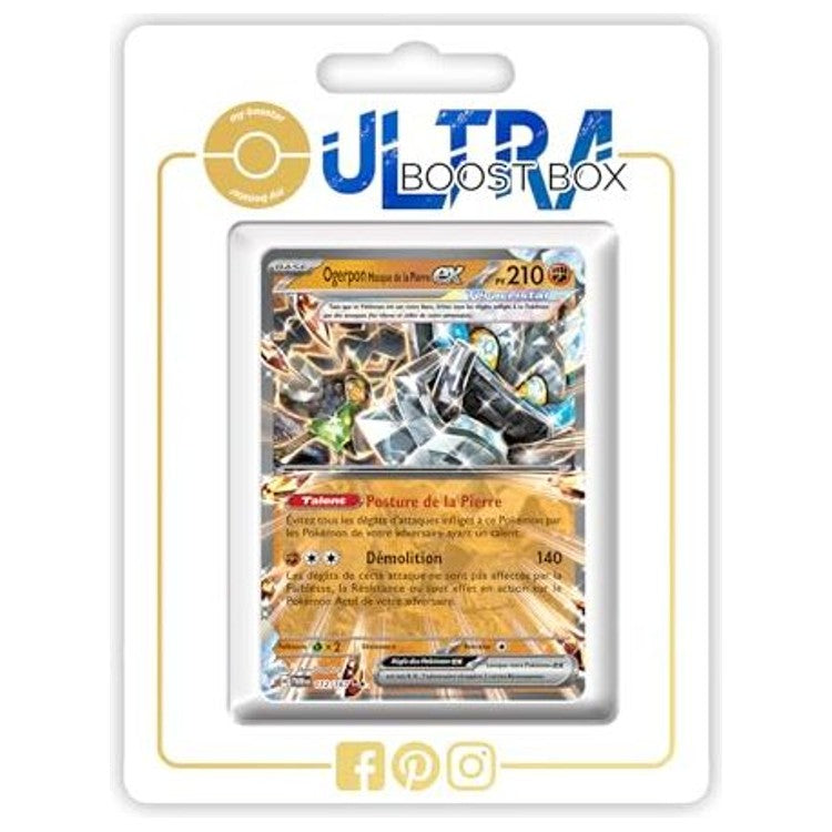 Carte Pokémon Ogerpon Masque de la Pierre ex 112/167 Téracristal, édition française Mascarade Crépusculaire Écarlate et Violet 06, vue de face détaillée.