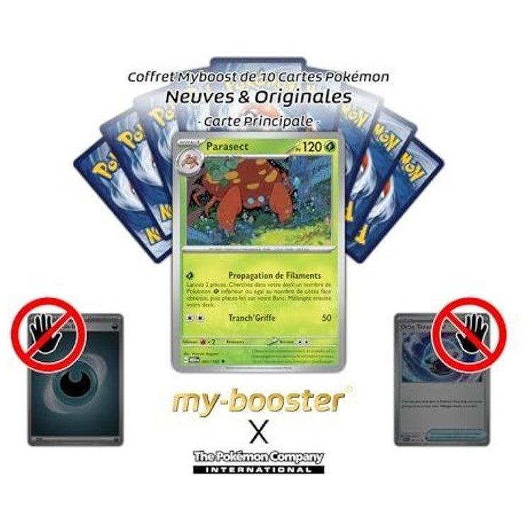 Carte Parasect présentée devant plusieurs dos de cartes Pokémon, avec des visuels de cartes barrées de chaque côté.