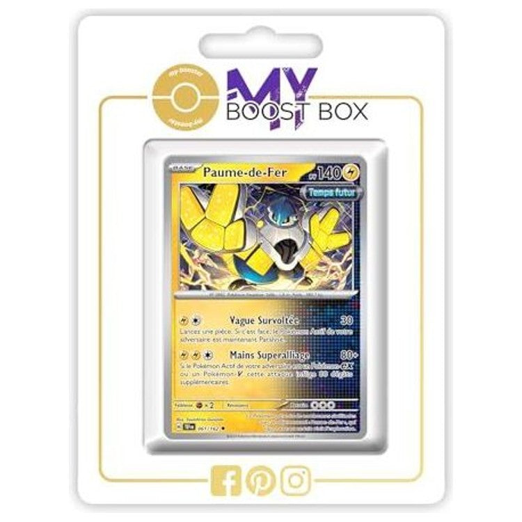 Carte Paume-de-Fer visible à travers l’emballage blanc MY BOOST BOX, avec son illustration et ses attaques.
