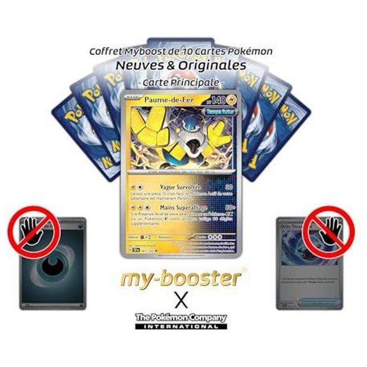 Carte Paume-de-Fer présentée devant plusieurs cartes Pokémon disposées en éventail, avec des visuels de cartes Énergie et Dresseur barrés.