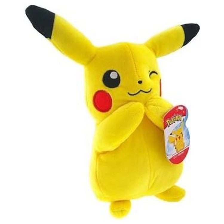 Peluche Pikachu 20 cm vue de face, debout, montrant ses grandes oreilles et ses joues rouges électriques.