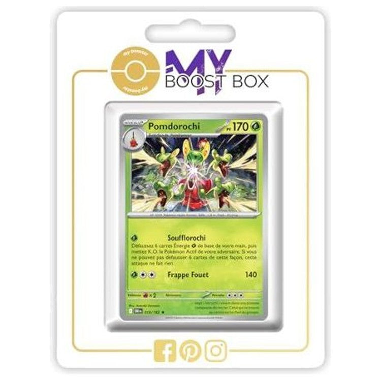 Carte Pomdorochi visible dans un support blanc marqué MY BOOST BOX, avec ses attaques sous l’illustration.