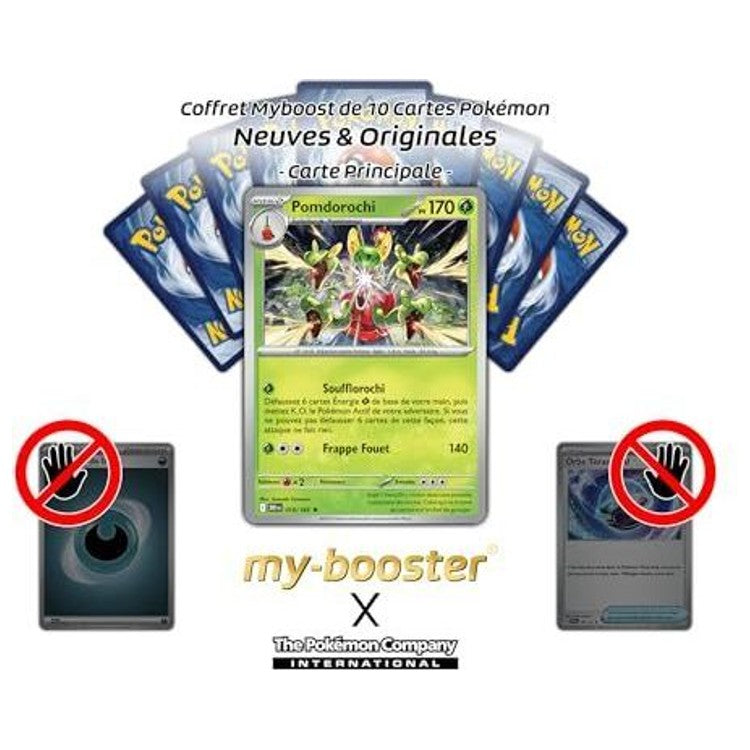 Carte Pomdorochi présentée devant plusieurs dos de cartes Pokémon, avec des mentions sur les dix cartes.
